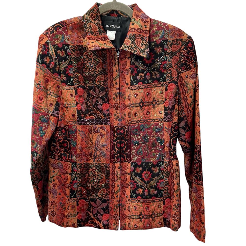 Ellen Fig Womens Medium Multi Color Floral Full Zip Lined‎ Beaded Blazer Jacket